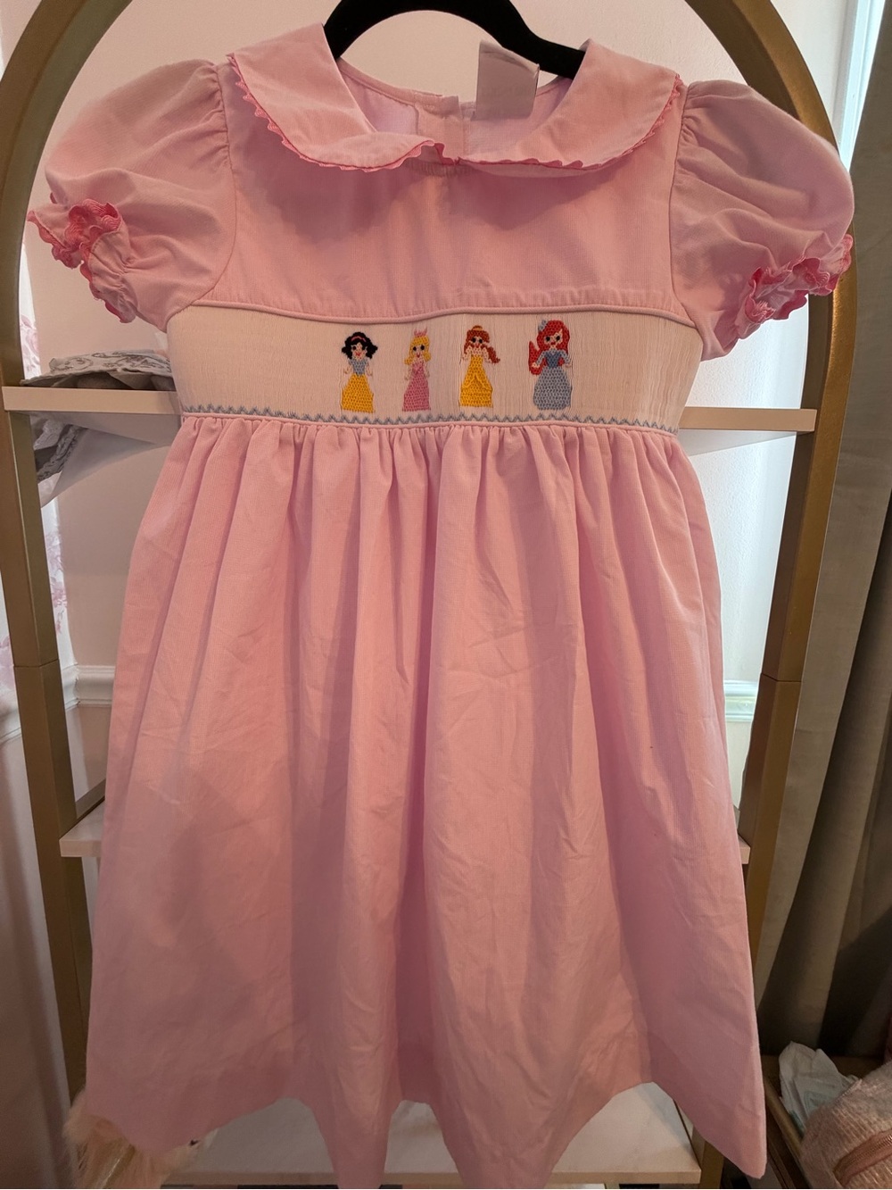 Girls' Pink Disney Smocked Princess Dress with Embroidered Characters